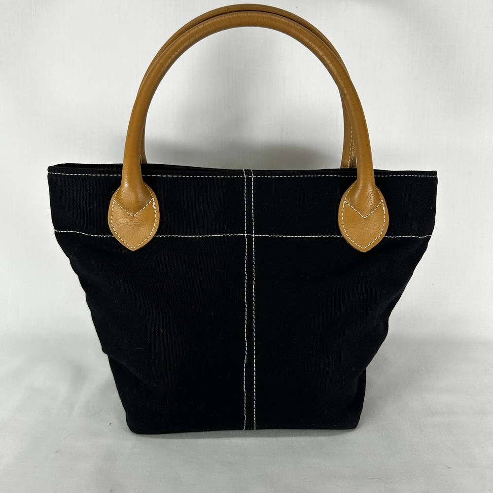 Vintage Y2K Lillian Vernon Black Canvas Tan Leather Handbag Mini Tote